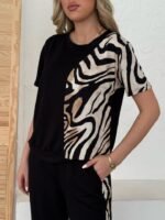 Kadın Bisiklet Yaka Kısa Kol Leopar Desen Bluz Ve Pantolon Ikili Takım - Görsel 5