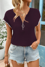 Kadın Kısa Kollu önden Fermuarlı Kol Ucu ışıltılı Viskon Bluz - Görsel 2