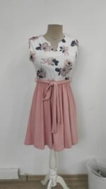 Kadın Sıfır Kollu V Yakalı çiçek Baskılı Beli Kuşaklı Dalgıç Elbise - Görsel 5