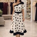 Kadın Omuz Dekolteli Fiyonk Ve Puantiye Detay Maxi Boy Elbise