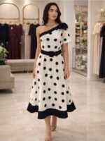 Kadın Omuz Dekolteli Fiyonk Ve Puantiye Detay Maxi Boy Elbise