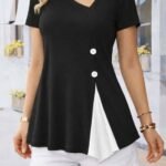 Kadın Kısa Kollu Asimetrik V Yakalı Düğme Detaylı Viskon Bluz