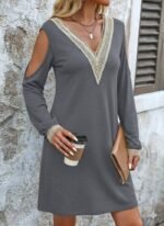 Kadın Uzun Kollu Omuzdan Açık V Dantel Yakalı Mini Waffle Elbise - Görsel 2