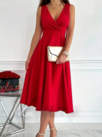 Kadın Ithal Krep Kumaş Kruvaze Yaka Eteği Kloş Kolsuz Mini Elbise - Görsel 2