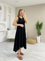 Kadın Askılı Yuvarlak Yakalı Asimetrik Kesim Detaylı Viskon Elbise - Görsel 2