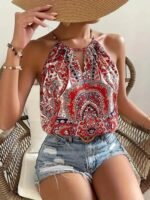 Kadın Halter Kollu Damla Detaylı Desenli Süprem Bluz - Görsel 6