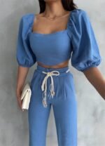 KETEN CROP KARPUZ KOL BLUZ-PANTOLON HASIR KEMERLİ - Mavi - Görsel 2