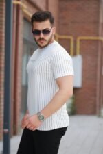 Erkek Dikey çizgili Ottoman Kumaş Kısa Kollu T-shirt - Görsel 2