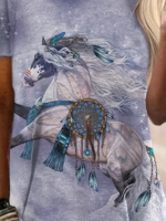 Kadın Kısa Kollu Bisiklet Yaka Mitolojik At Figür Baskılı Salaş Süprem Bluz - Görsel 2