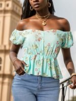 Kadın Kısa Kollu Madonna Yaka çiçek Desenli Düğme Detay Gipeli Süprem Kumaş Bluz - Görsel 7