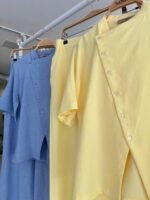 Hakim Yaka Çapraz Düğmeli Plazzo Pantolon Viscon Keten Takım 10209 - Görsel 12