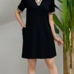 Kadın Kısa Kollu V Yakalı Leopar Desen Detaylı Modal Elbise