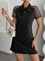 Kadın Kısa Kollu Boyundan Bağlamalı Omuzlarda Tül Detaylı Janjan Krep Elbise