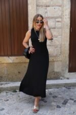 Kadın Kolsuz Sırttan çapraz Ip Detaylı Uzun Viskon Elbise - Görsel 2