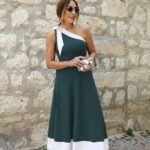 Kadın Tek Omuzu Açık Omuzlardan Kurdela Detaylı çift Renkli Ithal Krep Elbise