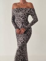 Kadın Madonna Yaka Dalgıç Kumaş Leopar Desen Maxi Boy Derin Yırtmaçlı Elbise - Görsel 8