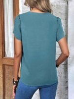 Kadın Kısa Kollu Lazer V Yakalı Ithal Krep Bluz - Görsel 4