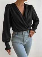 Kadın Uzun Kollu Dökümlü Kruvaze Yaka Kol Ucu Gipeli Sandy Bluz - Görsel 7