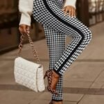 Kadın Yüksek Bel Kaz Ayağı Desenli Yanları şeritli Dalgıç Pantolon