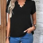 Kadın Kısa Kollu Lazer V Yakalı Ithal Krep Bluz