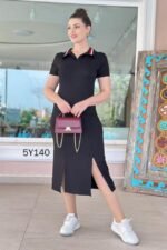 Kadın Yaka Ribanalı Çift Yırtmaçlı Elbise - Görsel 9