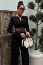 Göğüs Bağcık Detaylı Ajurlu Bluz Pantolon Takım 10098 - Görsel 2