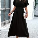 Kadın Kısa Kollu V Yakalı Beli Lastikli Uzun Viskon Elbise