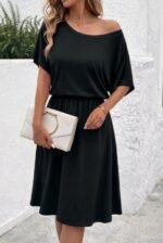 Kadın Kısa Kollu Omuzdan Açık Kiloş Midi Viskon Elbise