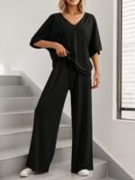 Kadın Kısa Kollu V Yakalı Viskon Bluz Ve Pantolon Ikili Takım - Görsel 3