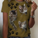 Kadın Kısa Kollu Kedi Ve Pati Baskılı Süprem T-shirt
