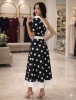 Kadın Omuz Dekolteli Fiyonk Ve Puantiye Detay Maxi Boy Elbise - Görsel 4