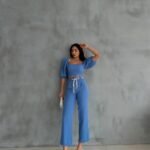 KETEN CROP KARPUZ KOL BLUZ-PANTOLON HASIR KEMERLİ - Mavi