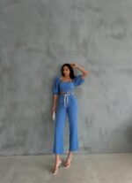 KETEN CROP KARPUZ KOL BLUZ-PANTOLON HASIR KEMERLİ - Mavi