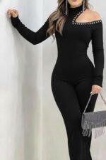 Kadın Tek Omuzdan Açık Balıkçı Yaka Taş Detaylı Uzun Ithal Krep Tulum - Görsel 2