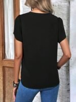 Kadın Kısa Kollu Lazer V Yakalı Ithal Krep Bluz - Görsel 5