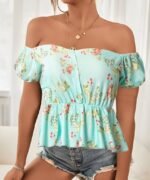 Kadın Kısa Kollu Madonna Yaka çiçek Desenli Düğme Detay Gipeli Süprem Kumaş Bluz - Görsel 3