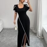 Kadın Kısa Kollu Kare Yakalı önden çapraz Kesim Detaylı Krep Elbise