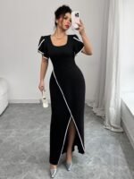 Kadın Kısa Kollu Kare Yakalı önden çapraz Kesim Detaylı Krep Elbise