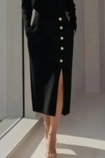 Kadın Uzun Kollu Bisiklet Yakalı Yandan Yırtmaçlı Düğmeli Midi Ithal Krep Elbise - Görsel 3