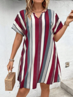 Kadın Kısa Kollu V Yakalı çizgi Baskılı Süprem Elbise - Görsel 7