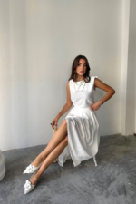 KETEN KOLSUZ BLUZ - MAXİ ETEK TAKIM - Beyaz