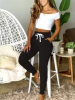 Kadın Kısa Kollu Madonna Yaka Viskon Crop Bluz Cepli Iki Iplik Eşofman Takım - Görsel 3