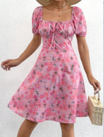 Kadın Kısa Kollu Mini çiçek Baskılı Bağcık Detay Süprem Midi Boy Elbise - Görsel 2