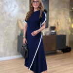 Kadın Kısa Kollu Bisiklet Yaka çift şerit Renk Detaylı Asimetrik Kesim Viskon Iki Iplik Elbise