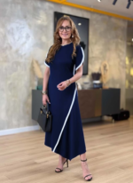 Kadın Kısa Kollu Bisiklet Yaka çift şerit Renk Detaylı Asimetrik Kesim Viskon Iki Iplik Elbise