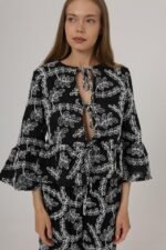 Fiyonk Bağlamalı Brode Bluz - Siyah - Görsel 3