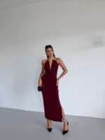 Kadın Boyun Aksesuarlı Halter Yaka Maxi Boy Sandy Kumaş Elbise - Görsel 8