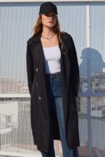 5853 Kruvaze Yaka Trençkot - Siyah