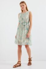 2501 Desenli Sıfır Kol Şifon Elbise - Mint - Görsel 4