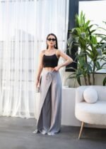 Keten Önü Çapraz Parçali Lasti̇kli̇ Ve Bağcikli Geni̇ş Paça Pantolon